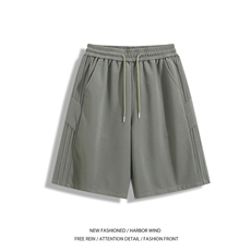 米白色华夫格短裤男款夏季美式潮牌设计感篮球中裤宽松直筒五分裤，男装牛仔裤，电商B315