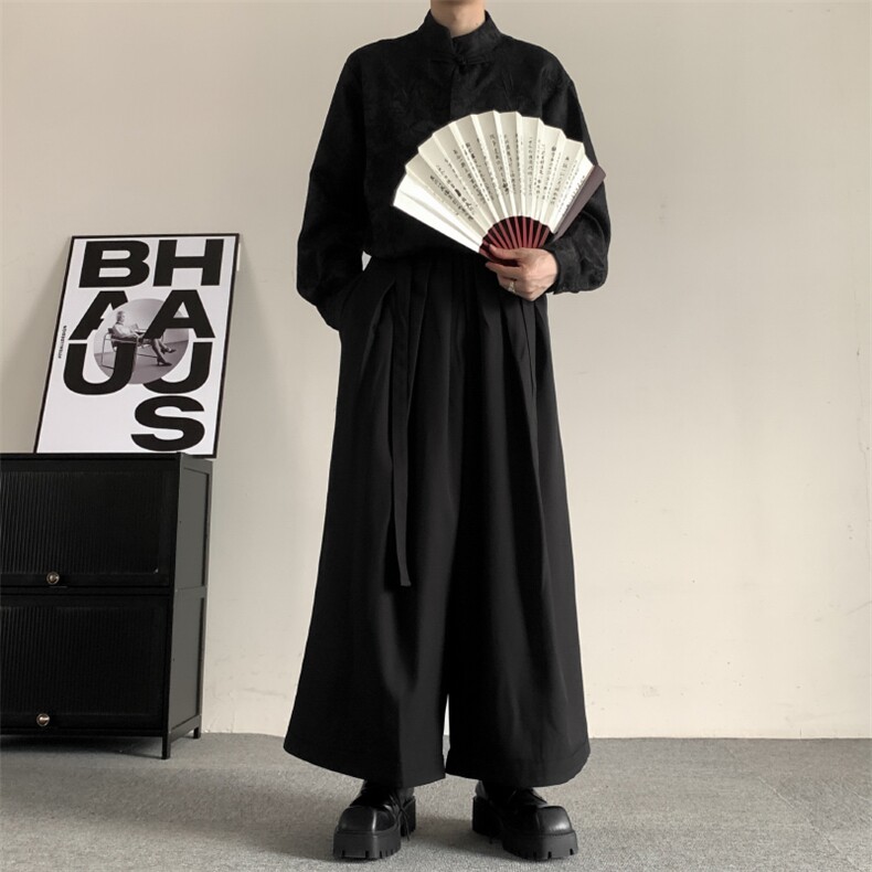 中式日系复古山本风百褶飘带设计无性别穿搭阔腿西裤武士西裤,男装西裤,星座909
