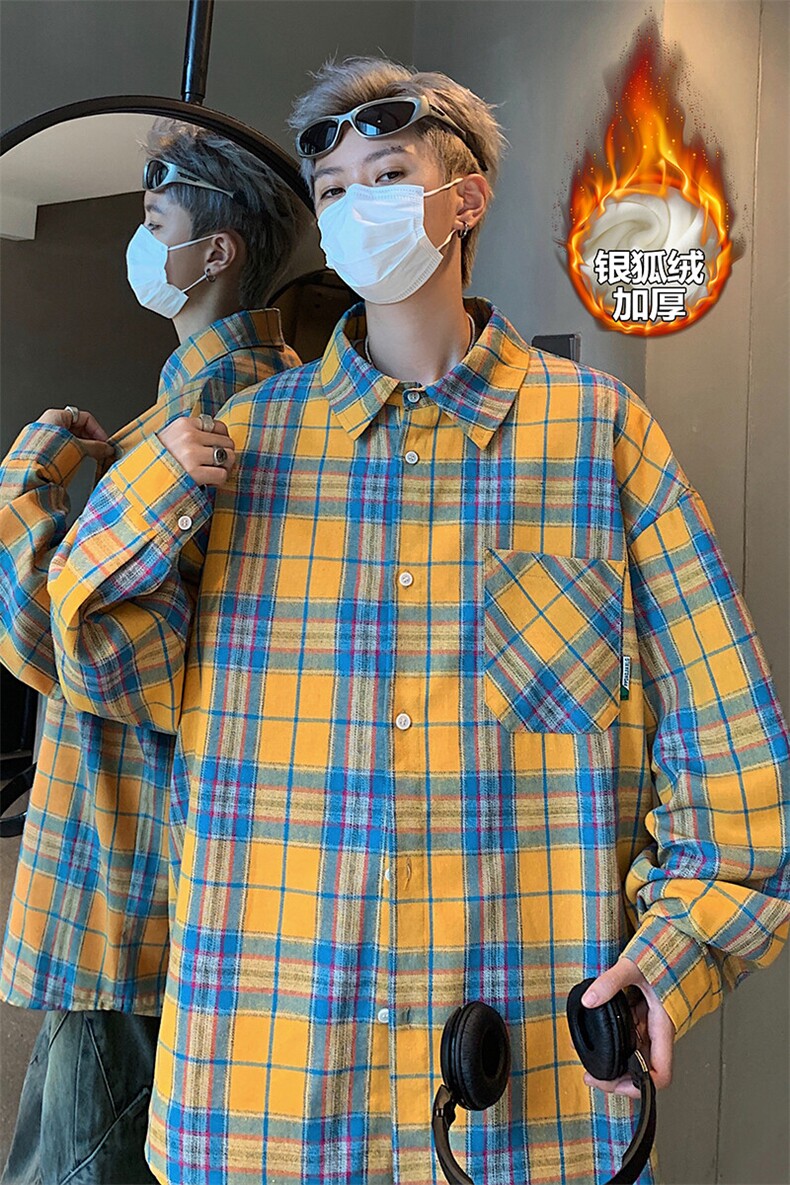 薄款改加绒特批P40无差价冬美式银狐绒格子衬衣外套男C2501J加绒,男装衬衫,电商A001-1