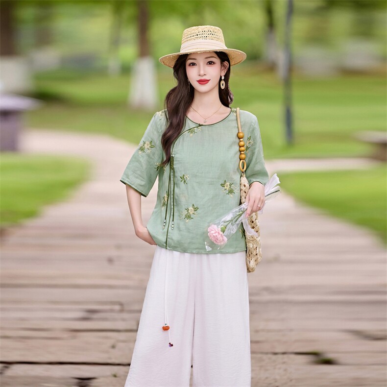 时尚洋气刺绣苎麻套装女2026夏季新款宽松遮肉显瘦阔腿裤两件套,女装套装/套裙,魅影