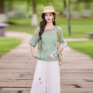 时尚洋气刺绣苎麻套装女2026夏季新款宽松遮肉显瘦阔腿裤两件套图片