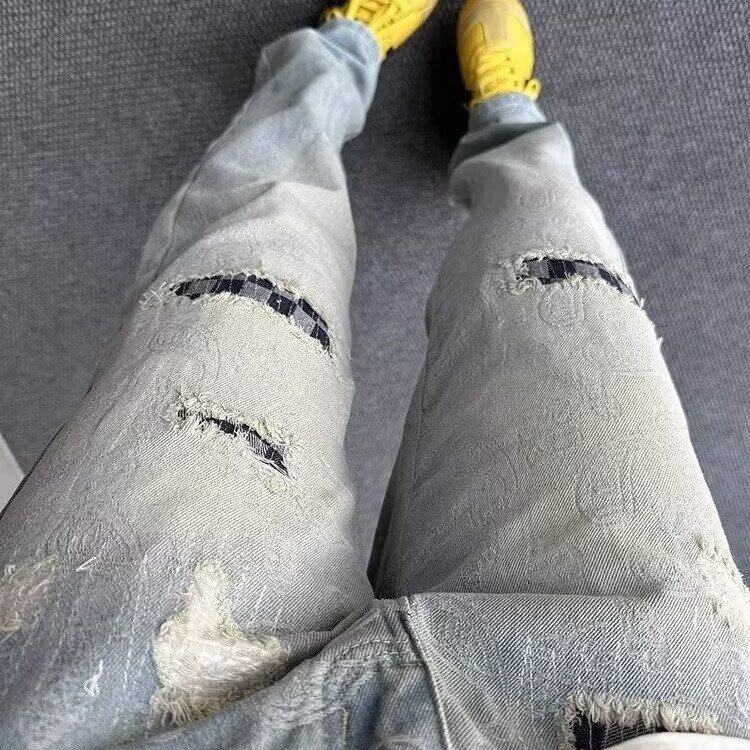 潮牌夏季新款破洞水洗牛仔裤男宽松个性直筒裤百搭直脚休闲九分裤，男装牛仔裤，星座506A