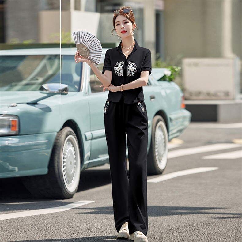 新中式休闲运动套装2024夏季新款高级感欧货短袖套装,女装套装/套裙,浪花E族（衣布洛）
