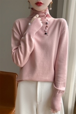 堆堆领精纺羊毛衫女春秋新款珍珠彩扣针织毛衣宽松长袖打底衫上衣，女装针织衫/毛衣，圣丽羊绒