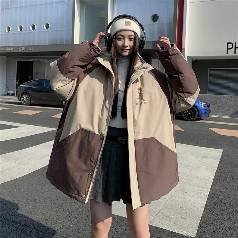 EQ338拼色连帽字母印花冬季加厚工装棉衣外套男女情侣装2024新款,男装棉衣,电商C306-1