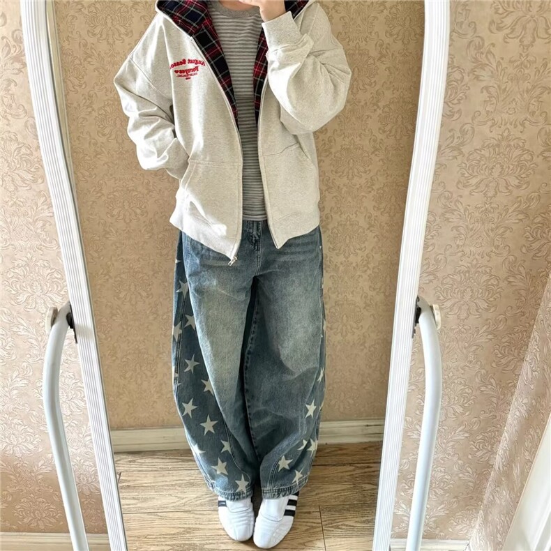 个性小众复古五角星印花牛仔裤男宽松直筒阔腿拖地裤AM3151P59,男装牛仔裤,星座1013-5