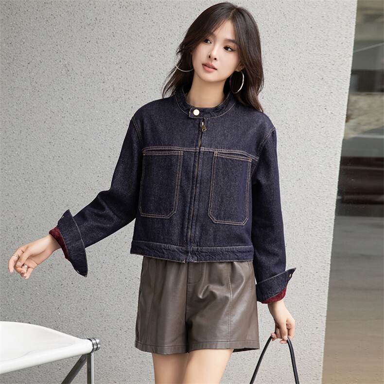 现货冬装圆领短款明线设计夹克衫棒球服牛仔外套加绒加厚上衣，女装牛仔外套，美拉德工厂直营店