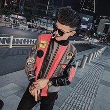 痞帅韩版社会小伙机车夹克潮流彩条拼接水洗皮衣D1116-P125控155，男装皮衣，星座308A