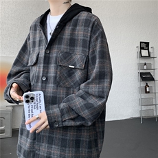 美式复古连帽格子衬衫大码磨毛长袖衬衣慵懒风宽松外套CS9007/P55，男装衬衫，电商B238