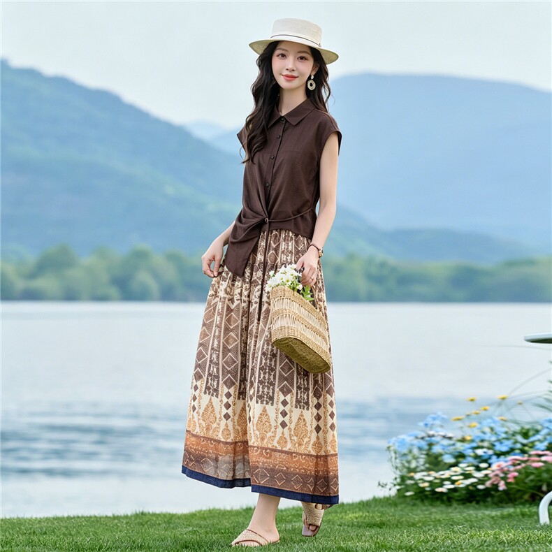 2026夏季新款套装苎麻短袖＋天丝麻定位花半裙，时尚年轻飘逸大方,女装套装/套裙,欧米莱