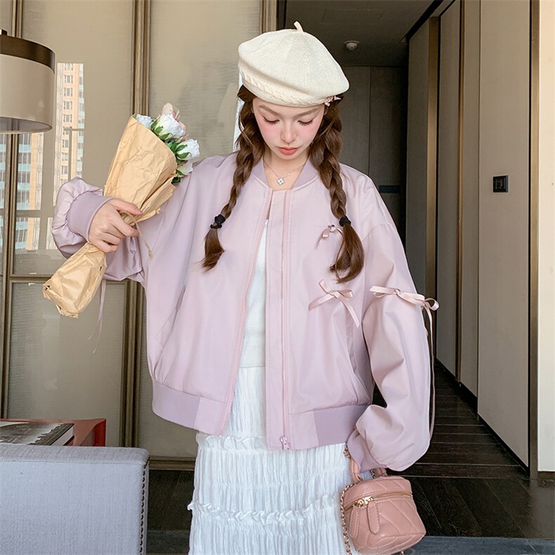 粉色蝴蝶结棒球服外套女春季2025年新款小个子设计感短款夹克上衣,女装短外套,2C201