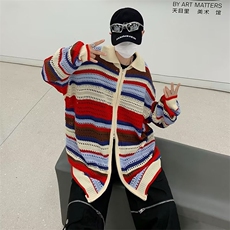 港风潮流复古条纹镂空针织开衫外套男女宽松慵懒风拉链毛衣潮，男装针织衫/毛衣，星座716-2