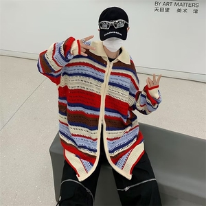 港风潮流复古条纹镂空针织开衫外套男女宽松慵懒风拉链毛衣潮图片