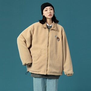 703-Y252高品质加厚绣花小熊羊羔毛外套格子毛呢上衣双面穿图片