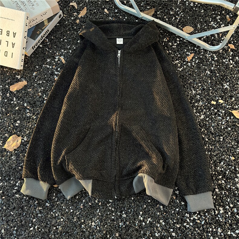 港风秋冬款男女连帽卫衣拉链开衫条纹宽松外套WY82P55,女装短外套,星座1013-1