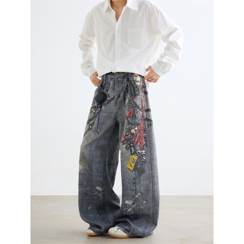 潮小众设计感印花链条做旧牛仔裤男废土风泼墨阔腿裤NZ717-P55，男装牛仔裤，星座308B-2