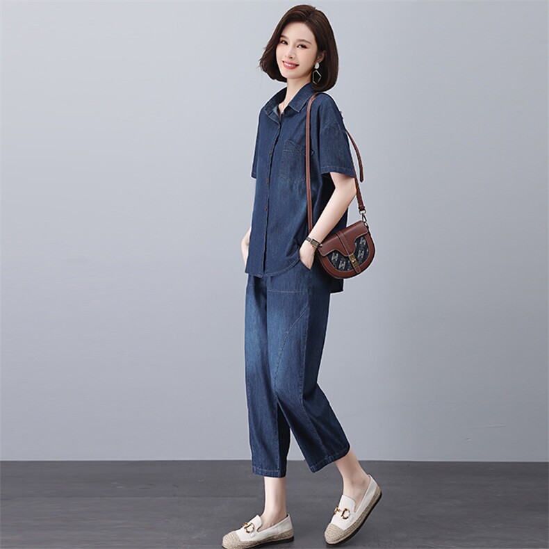 时尚休闲牛仔套装女夏季宽松显瘦两件套，女装套装/套裙，悦见她