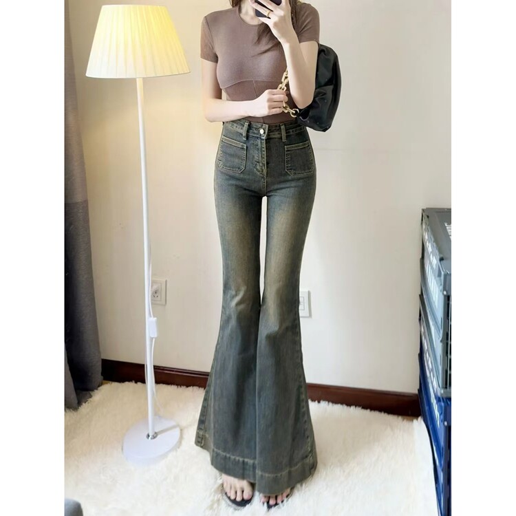 2025春秋季新款辣妹复古水洗拖地大鱼尾弹力修身显瘦高腰牛仔裤女，女装牛仔裤，星座218-8