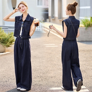 天丝牛仔套装女2025夏季新款薄款蕾丝拼接短袖上衣阔腿长裤两件套图片
