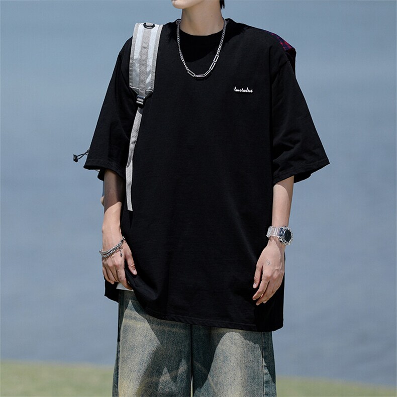 8XL-M 潮情侣美式拼接打结格子假两件短袖宽松纯棉T恤男 DX338图片