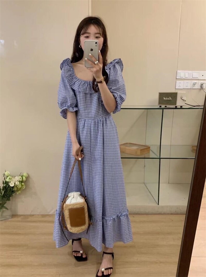 爆单格子连衣裙，女装连衣裙，唇蔻