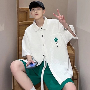港风ins个性格短袖衬衫男垂感小众五分裤套装工装衬衣TZ0562-P58图片