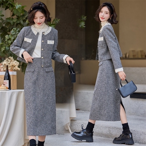 灰色富家千金小香风套装女2025秋新款高级感名媛气质半身裙两件套图片