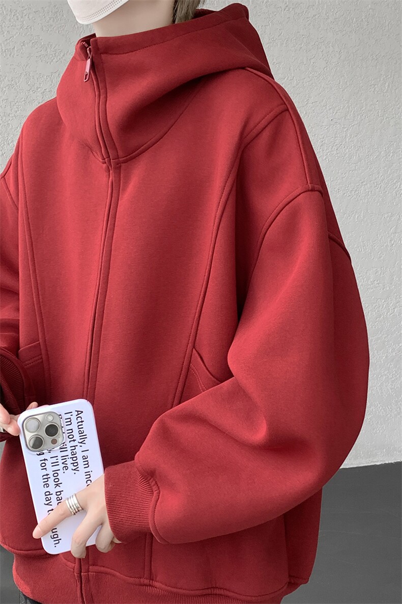 8XL-M休闲复古潮美式重磅连帽宽松安克拉红色卫衣外套WY34P8,女装短外套,电商D206-1