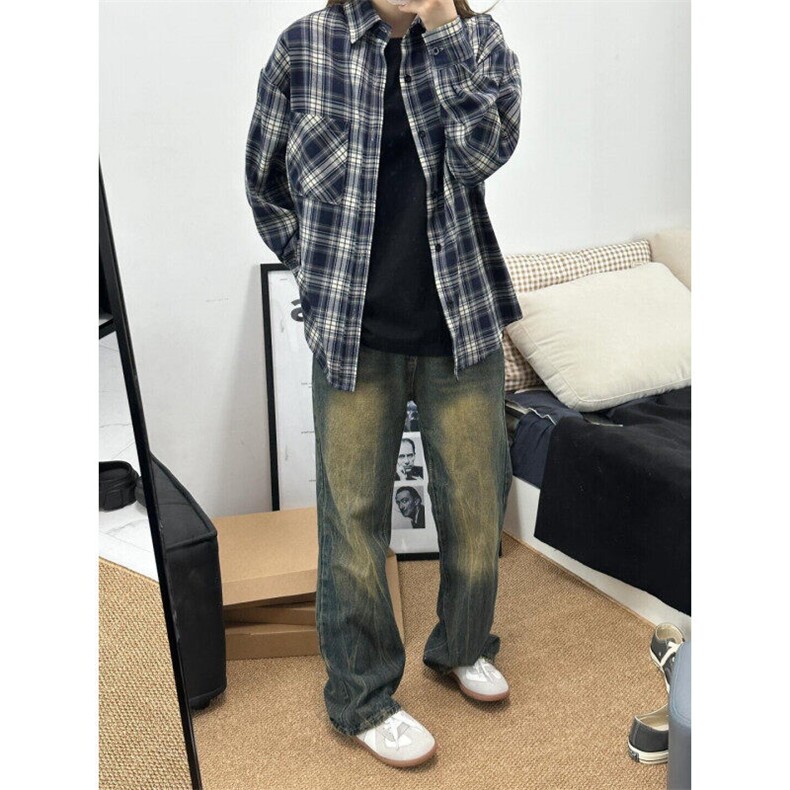 V3211HH-P38美式复古cleanfit藏青色格子衬衫男美式衬衣外套春季,男装衬衫,星座1007（原301D）