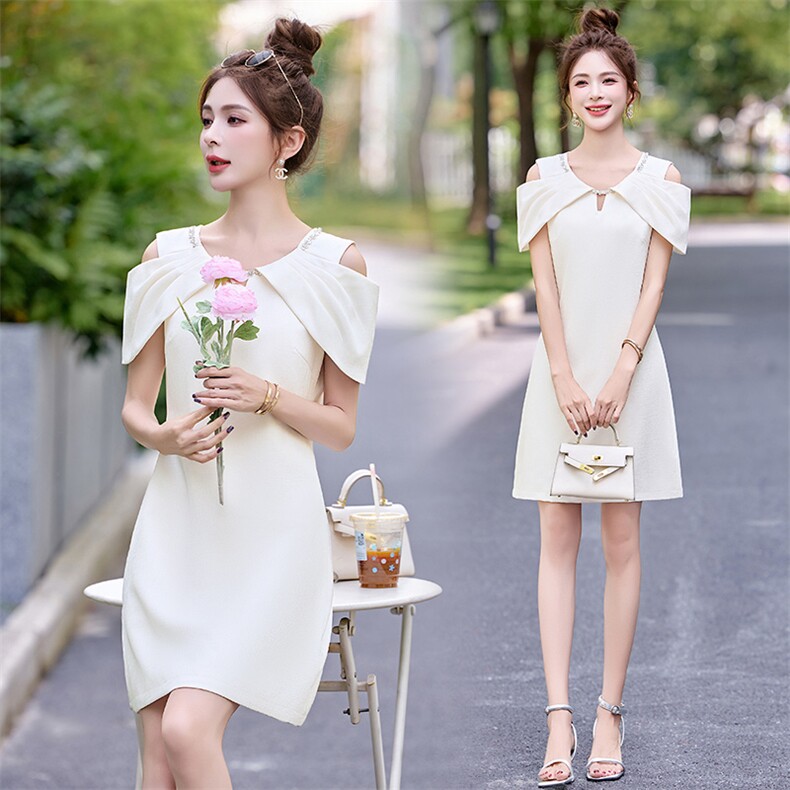 小香风气质露肩连衣裙女2025夏新款名媛千金收腰显瘦洋气减龄裙子,女装连衣裙,朵莱米