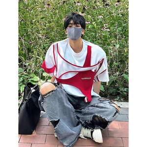 夏季小众解构撞色设计感短袖垫肩T恤男红白拼接高级感重磅半袖t恤图片