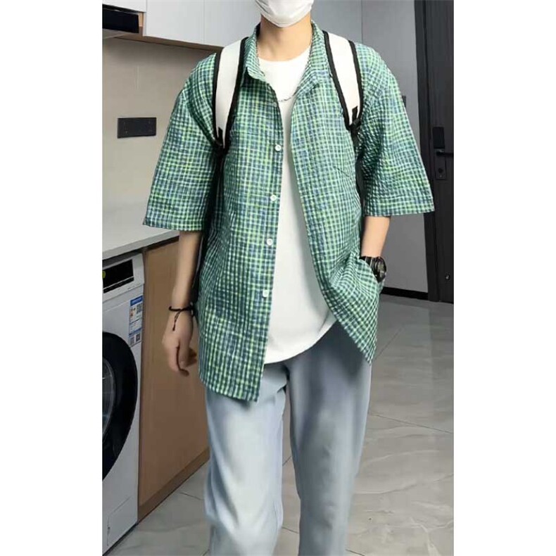 数据半袖纯色肌理感泡泡纱衬衫格纹衬衣短袖叠穿DX957P40,男装衬衫,电商A128