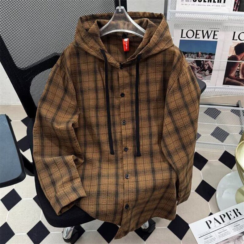 W489-P42 连帽格子Vibe衬衫潮牌男女宽松慵懒外套休闲防晒衬衣图片