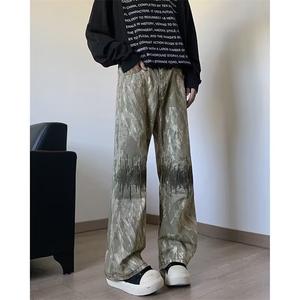美式迷彩微喇休闲牛仔裤男宽松刺绣高街阔腿长裤潮RK2155X-P45图片