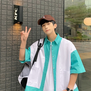 特P38控68 全棉拼接短袖衬衫港风撞色衬衣XCS01图片