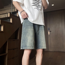 牛仔短裤男款夏季薄款复古休闲宽松阔腿直筒五分裤YS229P37，男装牛仔裤，星座1013-1
