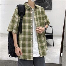 21年夏季短袖衬衫男宽松落肩港风格子衬衫男DS-C407-CS309-P35，男装衬衫，电商C323-1