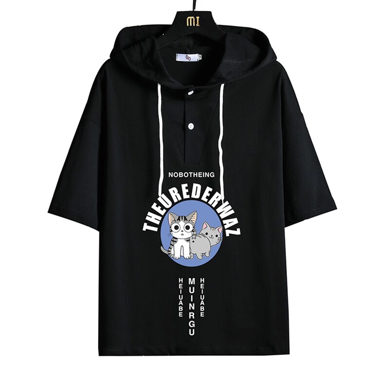 LD54160-P45连帽短袖t恤男大码胖子带帽五分袖中袖网格挂拍,男装T恤,电商A040A