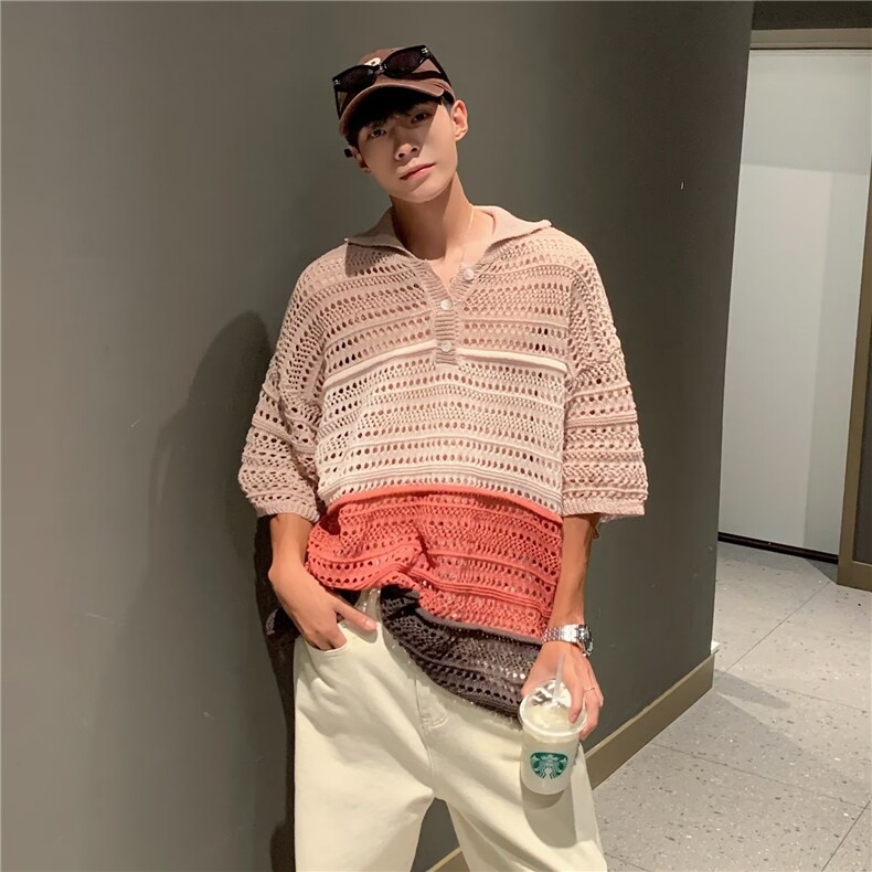 小众镂空拼接翻领polo纽扣针织短袖男宽松夏季拼色T恤Y044-P40图片