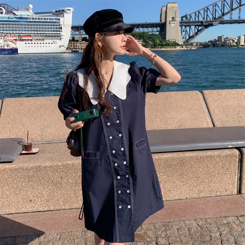 设计感花瓣领泡泡袖西装裙女夏季新款2024宽松显瘦中长款衬衫裙女，女装连衣裙，帛香坊