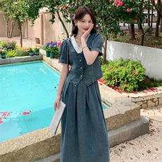 时尚韩系牛仔裙女2025年夏季新款泡泡袖v领上衣半身裙，女装连衣裙，维壹