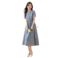 高级感气质纯棉女士连衣裙2026新款妈妈收腰显瘦碎花裙贵夫人裙子，女装连衣裙，倪叶myz