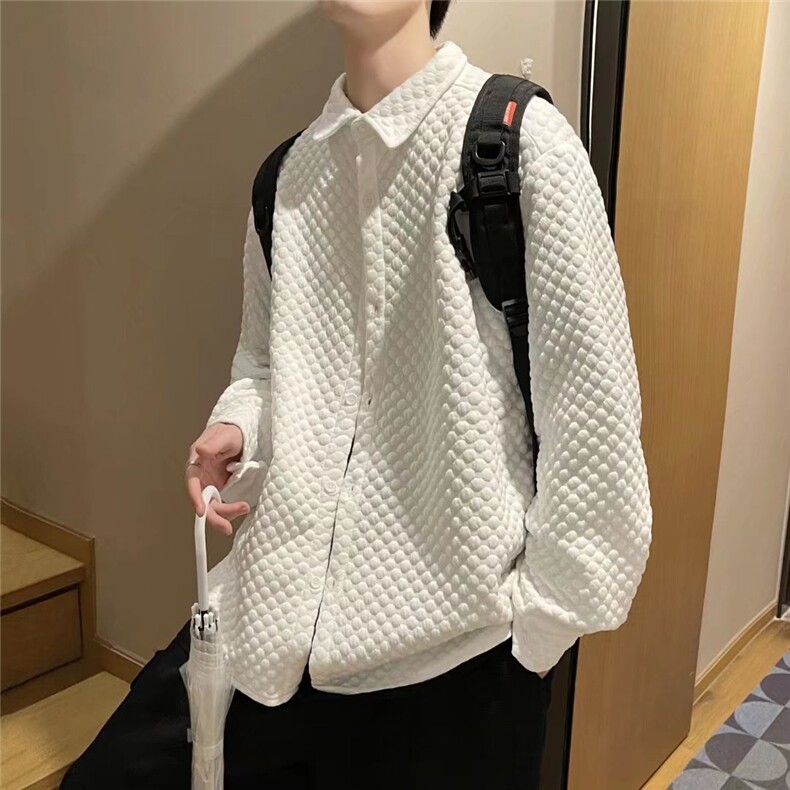 春秋季高级感华夫格长袖衬衫男港风宽松休闲衬衣C44P36图片