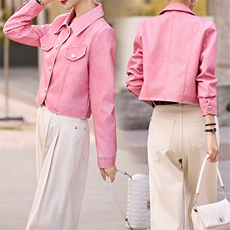 现货粉色小香风高级感皮外套女春秋季新款富家千金法式小个子上衣，女装皮衣，江南女神