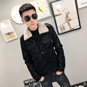 冬季加绒毛领修身纯色水洗皮衣男社会小伙夹克外套301B-PY15图片