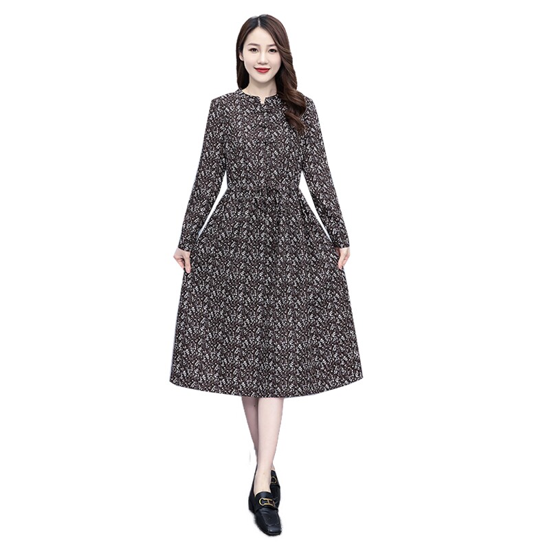 文艺复古碎花长袖连衣裙女春秋2023新款时尚减龄修身收腰过膝长裙,女装连衣裙,凝聚力