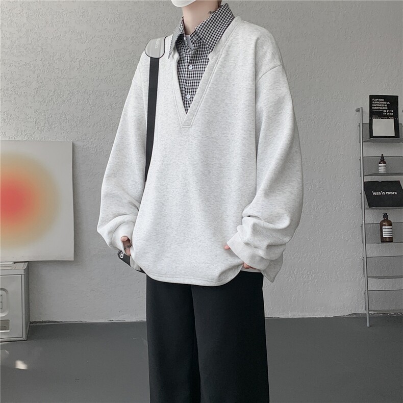 M-8XL假两件格子拼接衬衫领卫衣特大码重磅长袖V领上衣WY5112/P55图片