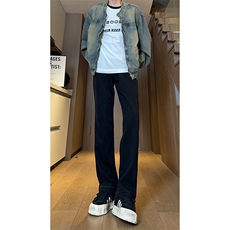 现货黑色拉链毛边美式修身直筒高街牛仔裤男K5813-P50控78，男装牛仔裤，星座205