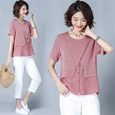 2025年新款女装夏季裤黄色短袖衬衫上衣短裤休闲时尚女，女装蕾丝衫/雪纺衫，风姿绰