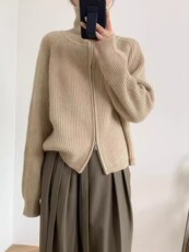 老钱风双拉链羊毛针织开衫女加厚宽松慵懒风翻领羊绒毛衣外套百搭，女装羊毛衫，若菲羊绒